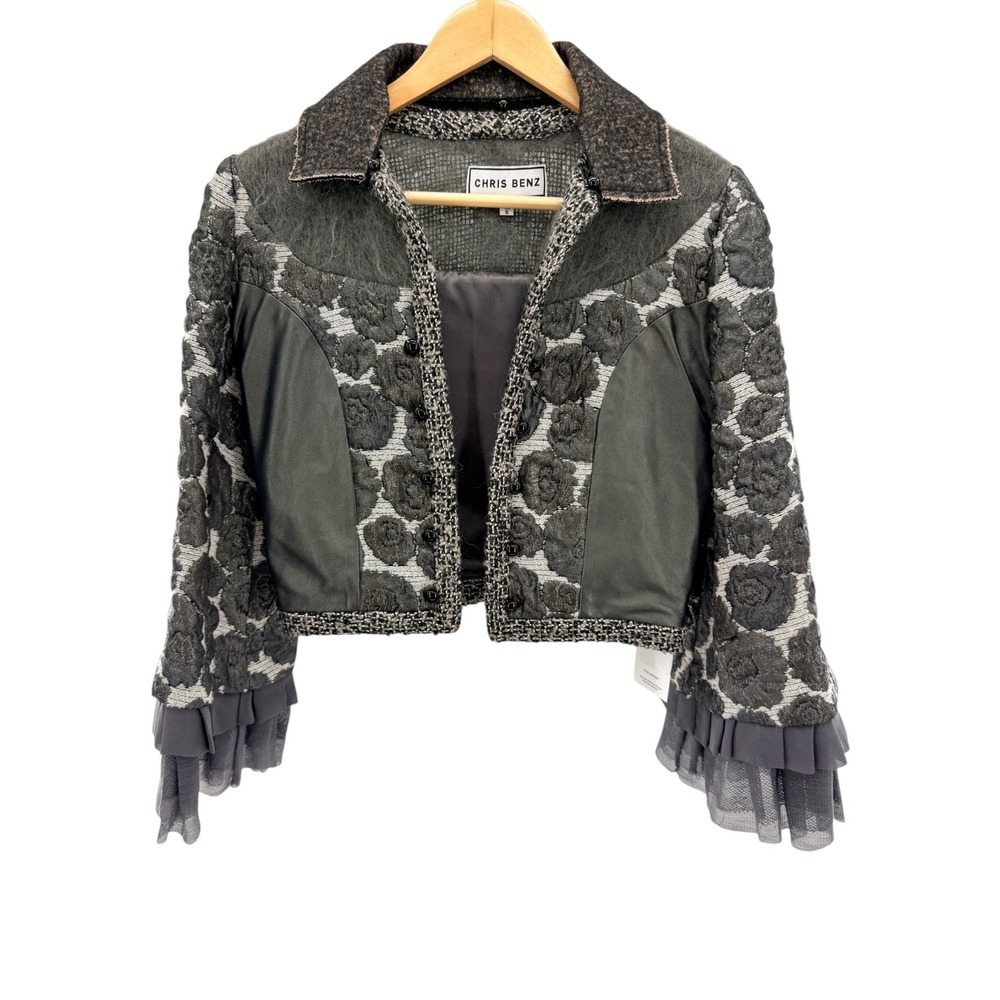 CHRIS BENZ Luxury Leather Mixed Media Jacket Brocade Silk Ruffle Mohair Cropped
